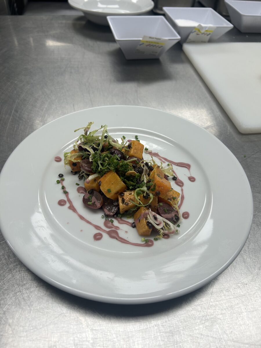 Butternut squash, roasted grape and beluga lentil salad with frisée, gremolata and cabernet vinaigrette